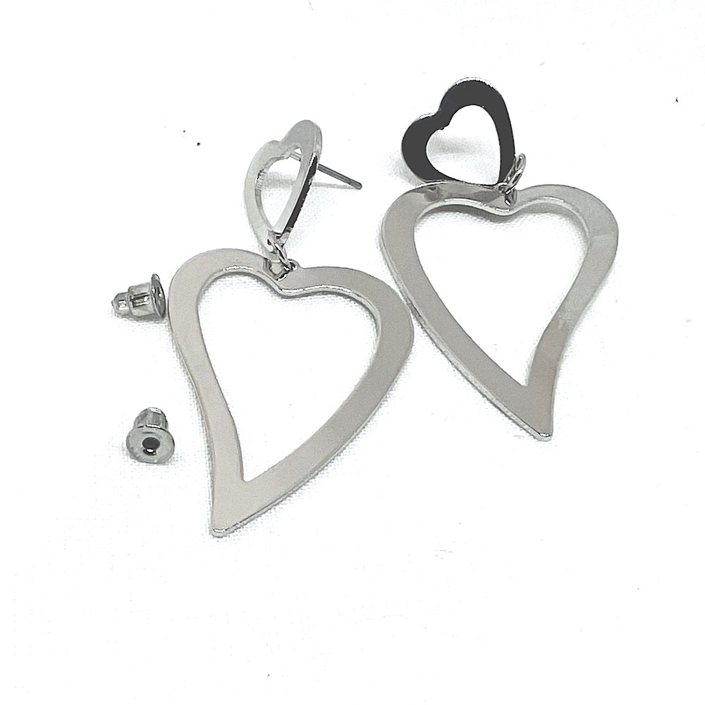 Silver Hollow Cut Out Double Heart Romantic Sweetheart Love Earrings NEW Trendy
